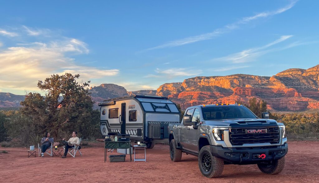 Imperial X-195 Offgrid camping in sedona arizona with river gmc dev edition truck and silver camper