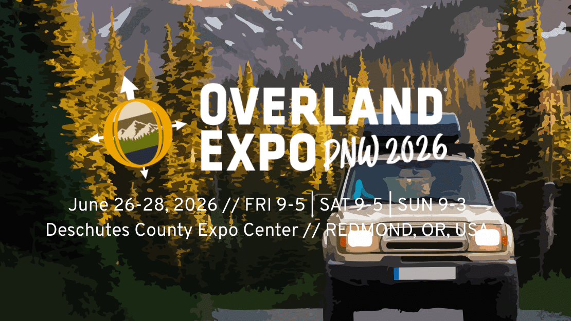 A stylized image of an off-road vehicle cruising a forested mountain road at sunset, promoting Overland Expo PNW 2026, June 26-28, at Deschutes County Expo Center in Redmond, Oregon, USA.