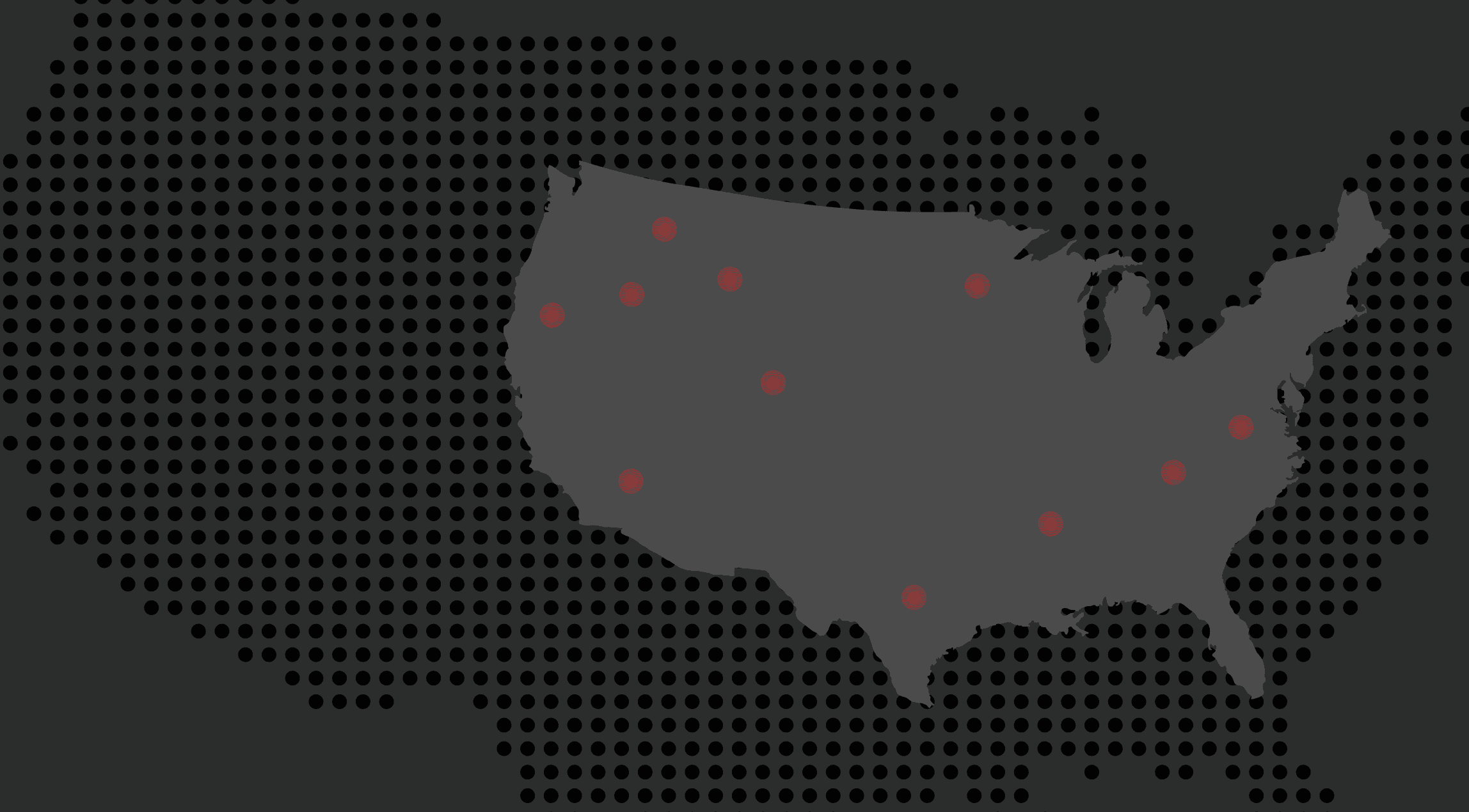 A dark map of the United States with red dots marking various locations across the country, set against a background of black dots outlining the rest of North America.