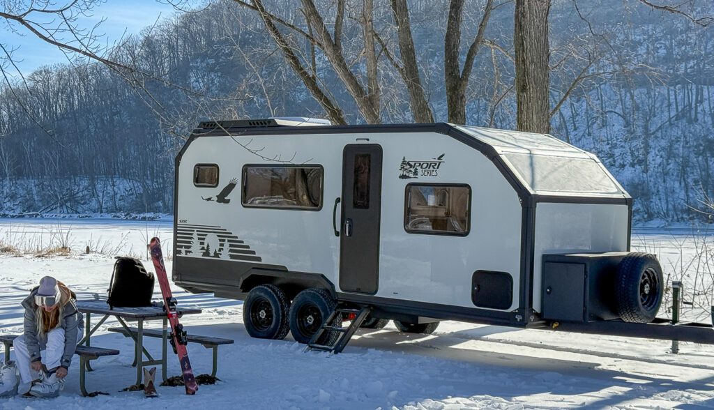 Winter camping in the S195 getting ready to go skiing in the Montana mountains.