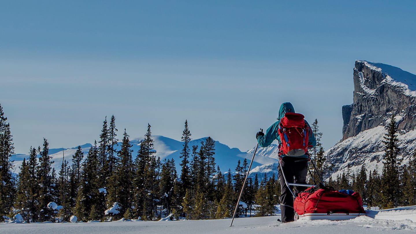 A person wearing winter gear and a red backpack stands with ski poles, pulling a sled on snowy ground, facing snow-covered mountains and pine trees under a clear blue sky.