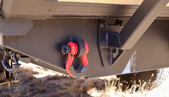 Heavy duty recovery D-ring mounted on the Imperial Outdoors Xplore Series trailers.