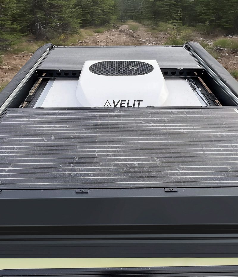 Imperial Outdoors OB120 solar with roof rack, and the 12v Velit air conditioner.