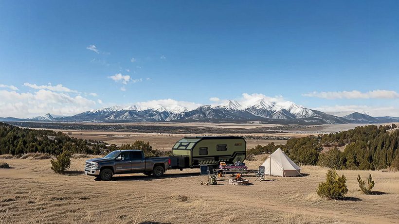A pickup truck with a camper trailer and a pitched tent are set up on a grassy plain overlooking a scenic mountain range under a clear blue sky. Camping gear and a fire pit are nearby amidst sparse trees.