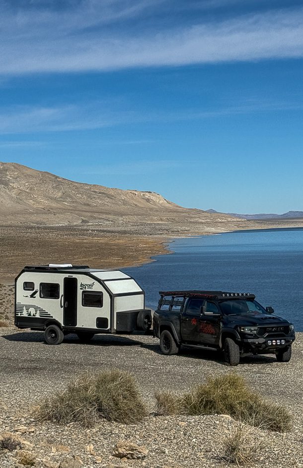 S145 trailer parked next to a remote lake in Utah.