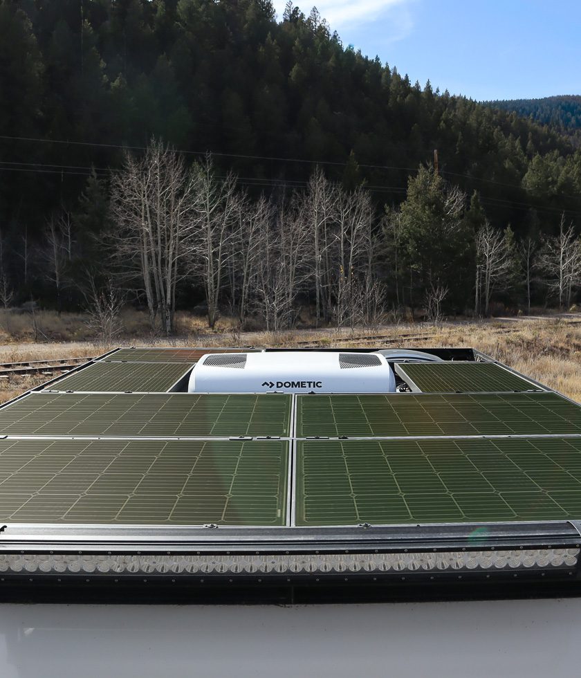 Solar panel array and a 12v RTX Dometic air conditioner in the mountains of Montana.