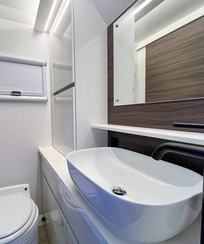Porcelain sink in the luxuries bathroom in the X145 from Imperial Outdoors.