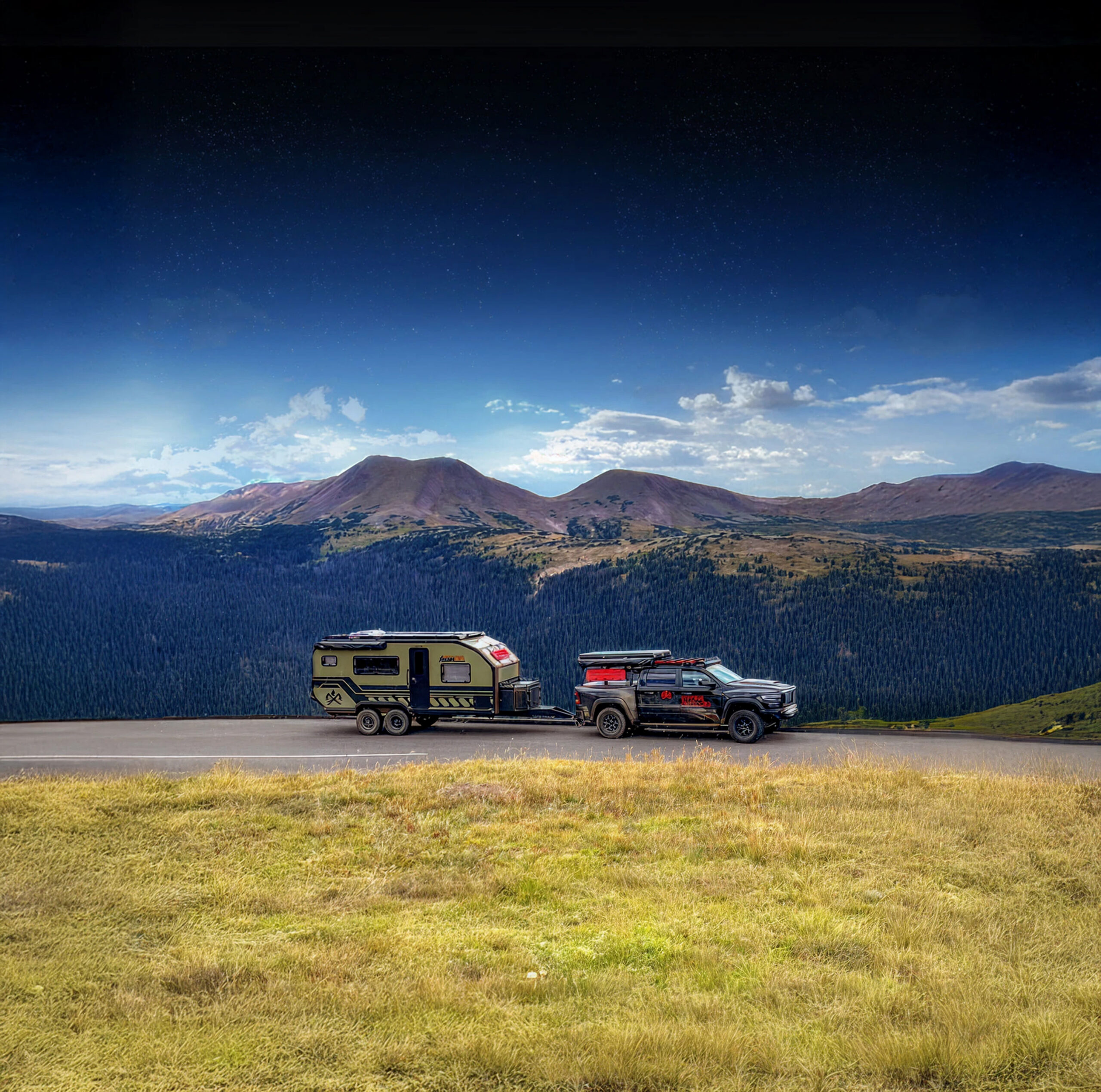 Imperial Outdoors Xplore Series X195 driving through Estes Park viewing the Rocky Mountains.