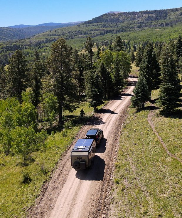 Imperial Outdoors off grid camper on remote mountain trail in Colorado.