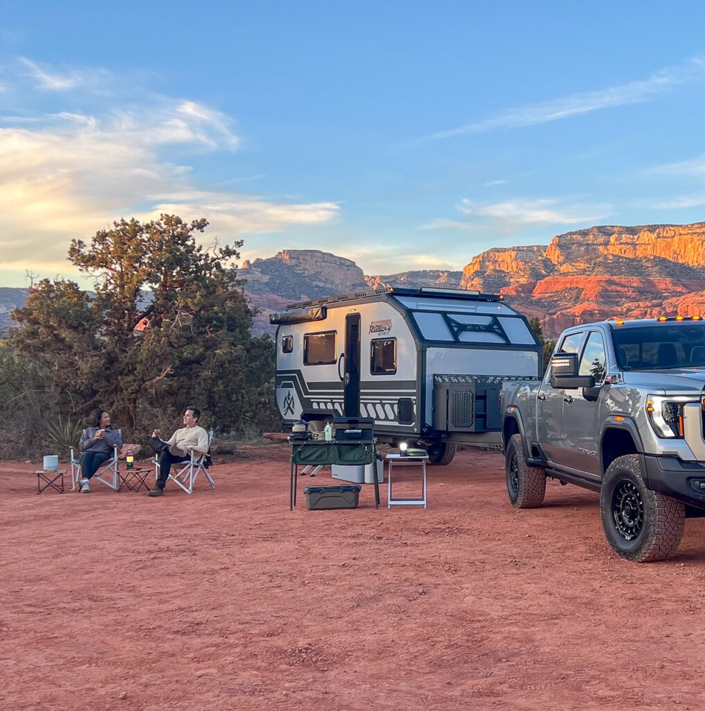 Imperial Outdoors Xplore Series X195 remote camping in Sedona Arizona being pulled by the GMC AT4X AEV.