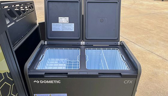 Dometic 75 liters cooler that can run as a fridge or freeze installed on the front box of the OB120 from Imperial Outdoors.