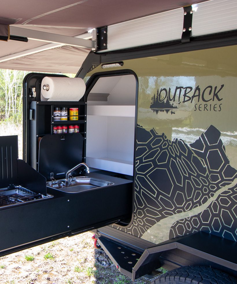 Slide out kitchen on the Imperial Outdoors Outback Series OB120.