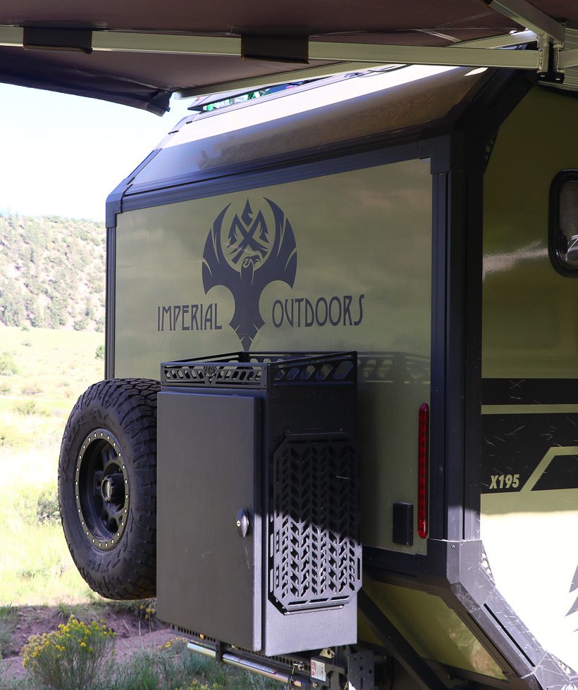 Imperial Outdoors Xplore Series rear storage box and full sized spare tire.