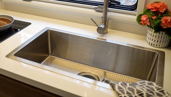 Deep stainless kitchen sink in the X145 from Imperial Outdoors.