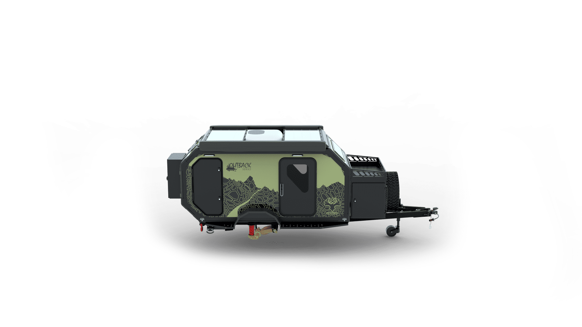 A compact off-road camper trailer with a green exterior, black accents, mountain graphics, and large windows—this all weather camping trailer from Imperial Outdoors trailers showcases rugged durability on a plain white background.