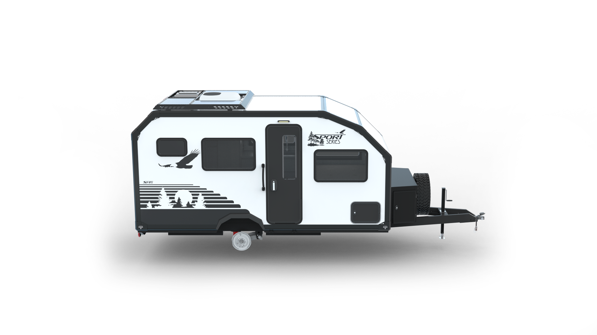 A small, white four-season off-road camper with black accents, a single door, two windows, and bird graphics on the side is viewed from the side against a plain white background.