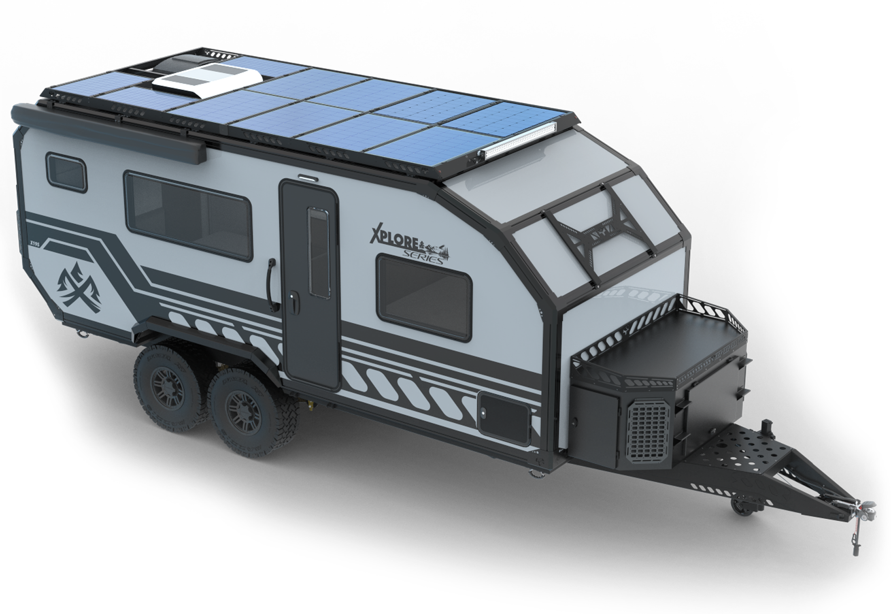 A modern tandem axle expedition trailer with solar panels on the roof, black accents, off-road tires, and a rugged exterior design, set against a white background. This full-size off-grid RV trailer is built for adventure and self-sufficiency.