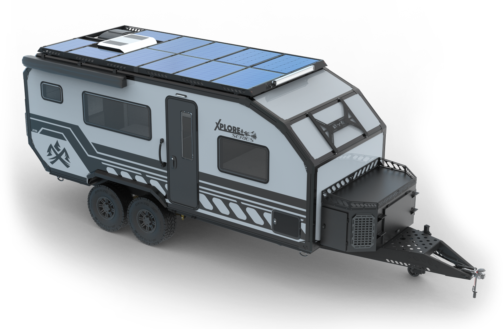 A modern gray tandem axle expedition trailer with black trim, off-road tires, and an angular front storage compartment. Featuring 1240 watt solar panels on the roof, inspired by Xplore X195 specs, and shown on a white background.