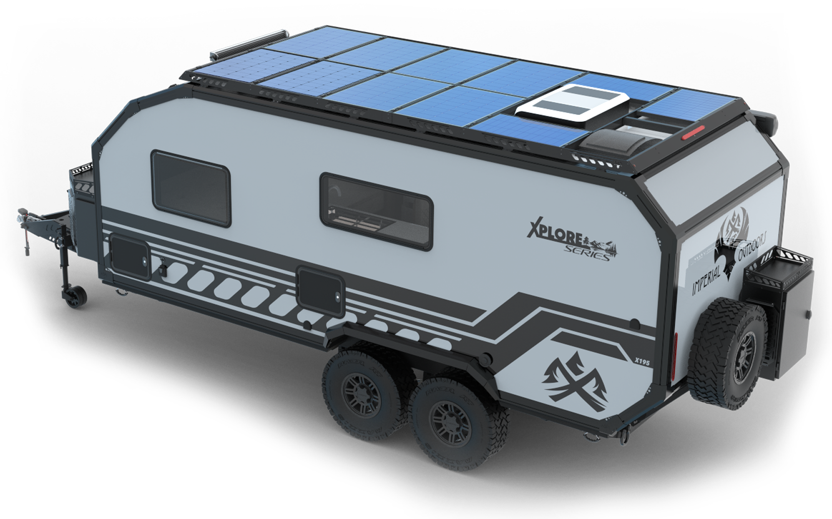 A gray X195 expedition trailer with black accents, solar panels on the roof, rugged tires, and tandem axle design. Features include a side window, external storage, and XPLORE X SERIES branding on the side and rear.