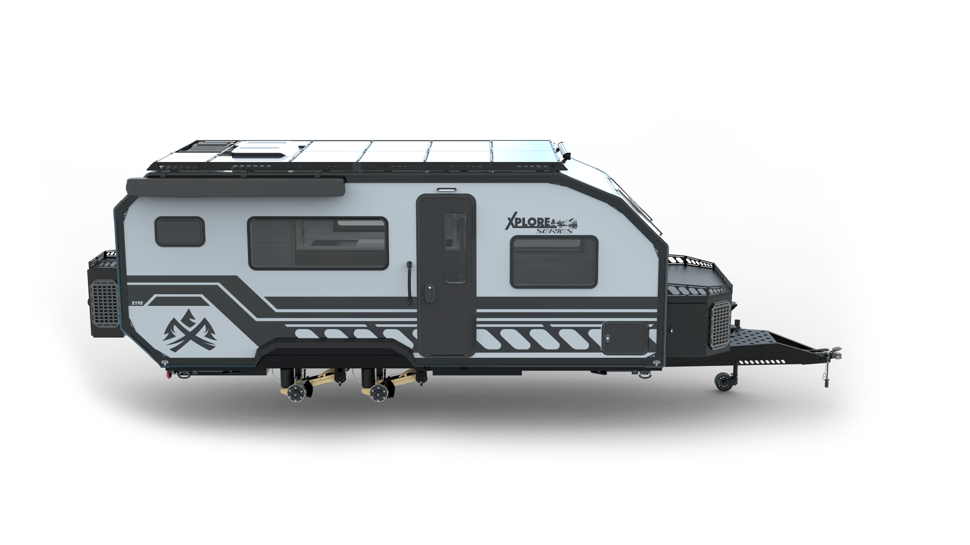 Side view of a modern gray and black travel trailer with a raised roof, single door, dark windows, rugged tires, and adventure-themed graphics on a white background—this four-season off-road camper from Imperial Outdoors trailers is designed for all weather camping adventures.