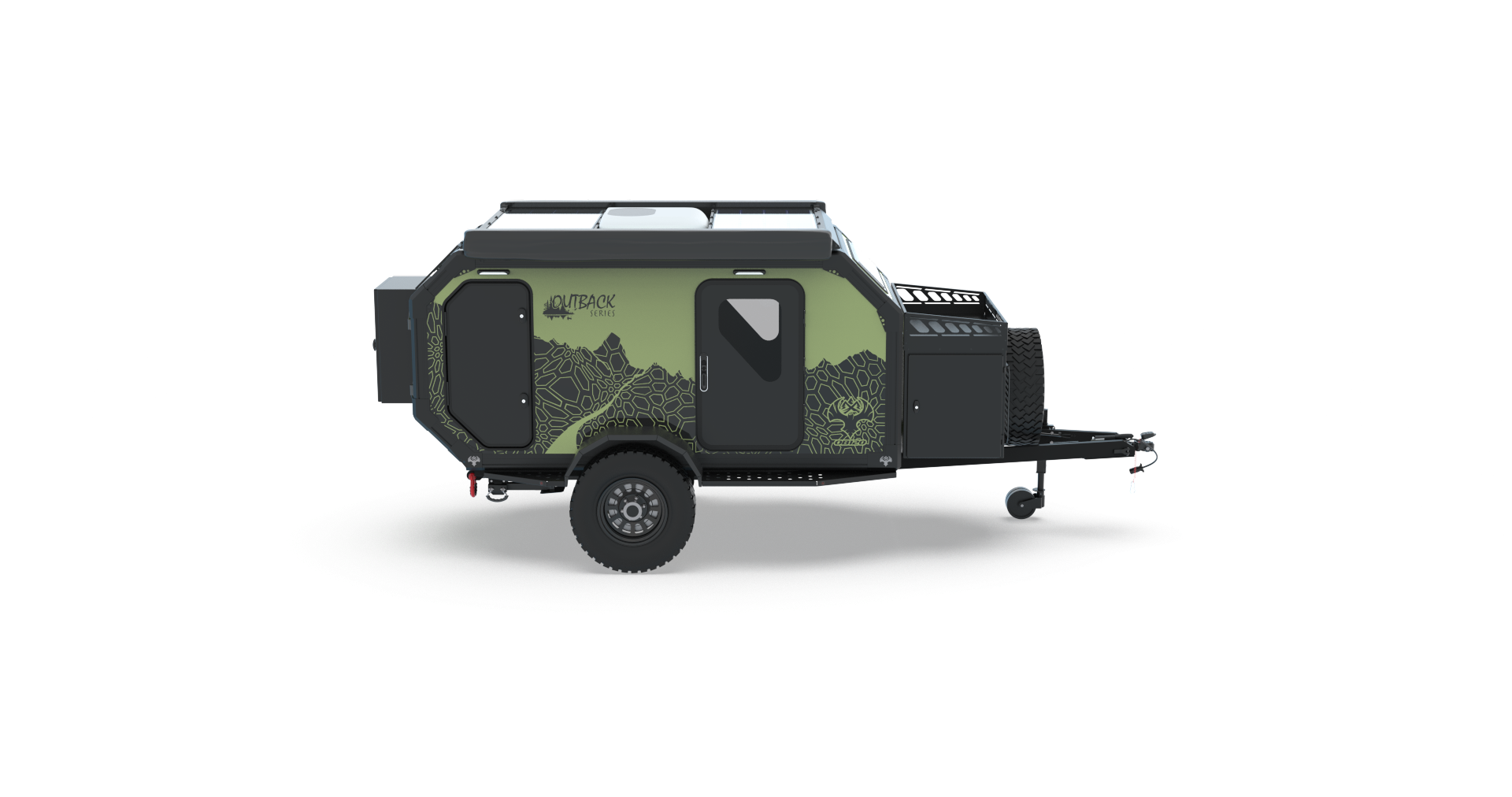 A green, Wisconsin made RV trailer with black accents features rugged tires, a roof rack, and mountain graphics along the side. This four-season off-road camper is shown on a plain white background, perfect for adventurers seeking reliable off-grid all-terrain RV trailers.