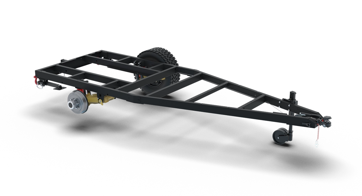Black metal utility trailer frame with a single axle, one attached tire, a tow hitch, and a front swivel wheel—ideal as the base for a Jeep off-road camper trailer—shown on a white background.