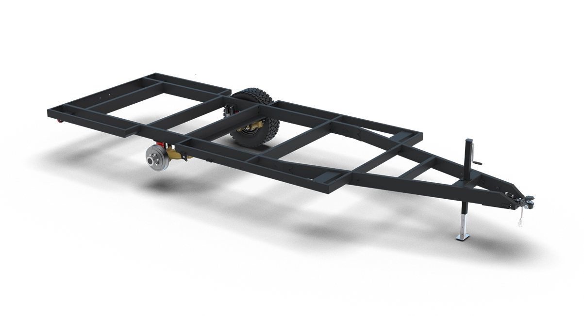 A black metal trailer frame with a single axle, one wheel, open rectangular structure, and a front jack stand, shown on a plain white background—designed as a rugged half-ton towable adventure trailer built to Sport S145 specs.