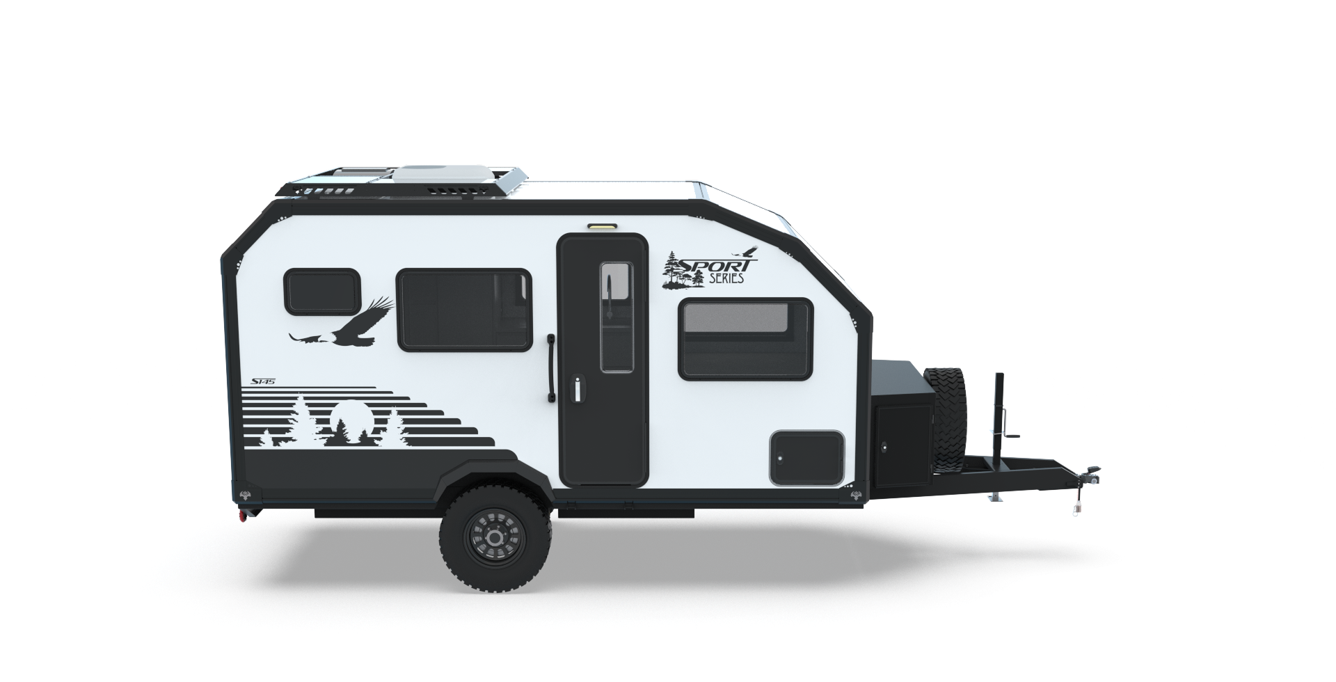 White travel trailer with black graphics of birds and trees, a single axle, roof vents, a side door and window, and a front hitch, set against a plain white background. This Wisconsin made RV trailer from Imperial Outdoors is designed for adventure in every season.