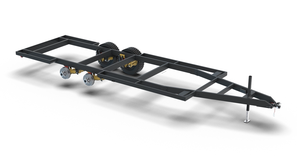 A black metal tandem axle sport trailer frame with four tires and a front hitch stand, set against a white background.