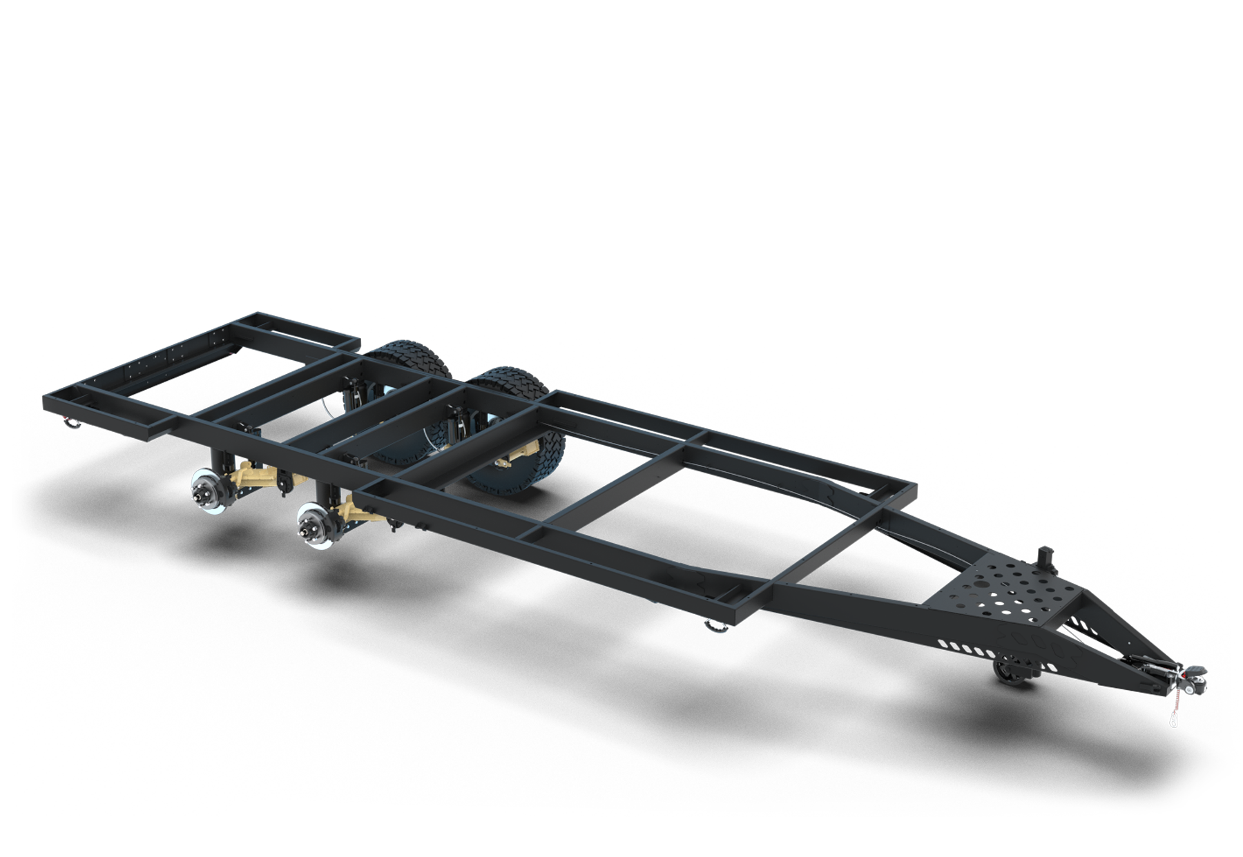 A black metal trailer frame with two axles and four wheels, designed for building a tiny house or similar structure, is shown on a white background. This robust tandem axle expedition trailer offers strength and stability for your next adventure build.