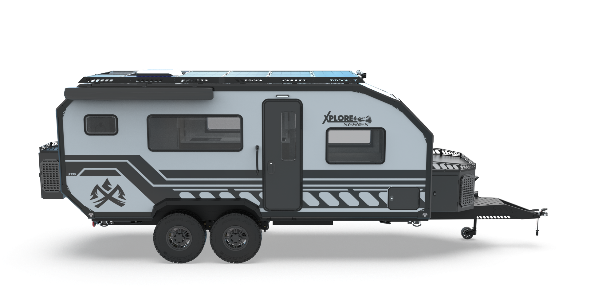 Side view of a modern, gray travel trailer with black accents, two wheels, several windows, and a door. The trailer features geometric designs and a small logo near the roof, with a hitch at the front—reflecting the rugged reliability of an all weather camping trailer from Imperial Outdoors trailers.