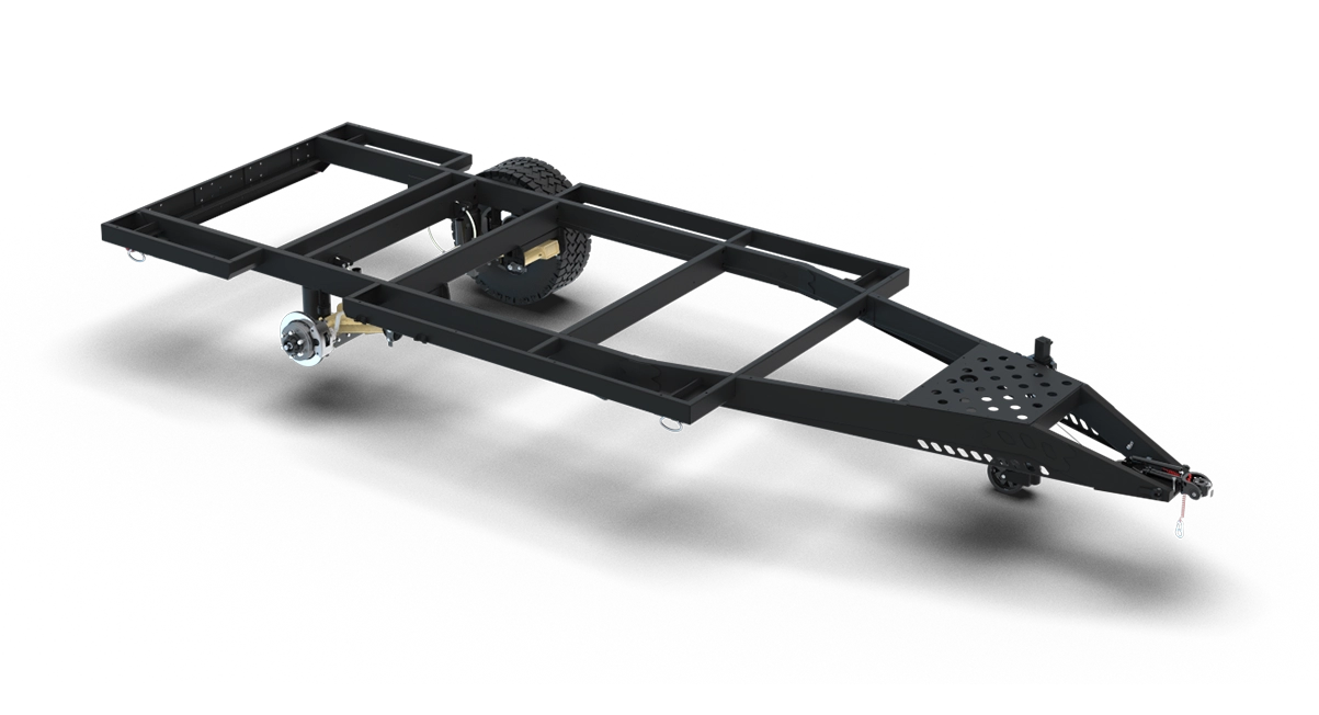 A black metal trailer frame with two wheels, a triangular front for hitching, and an open rectangular structure—reminiscent of the rugged versatility found in a four season backcountry trailer—shown on a white background.