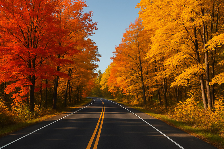 A paved road curves through a forest of trees with vibrant orange and yellow autumn leaves under a clear blue sky, making it an ideal scene for those seeking out shoulder season camping adventures.