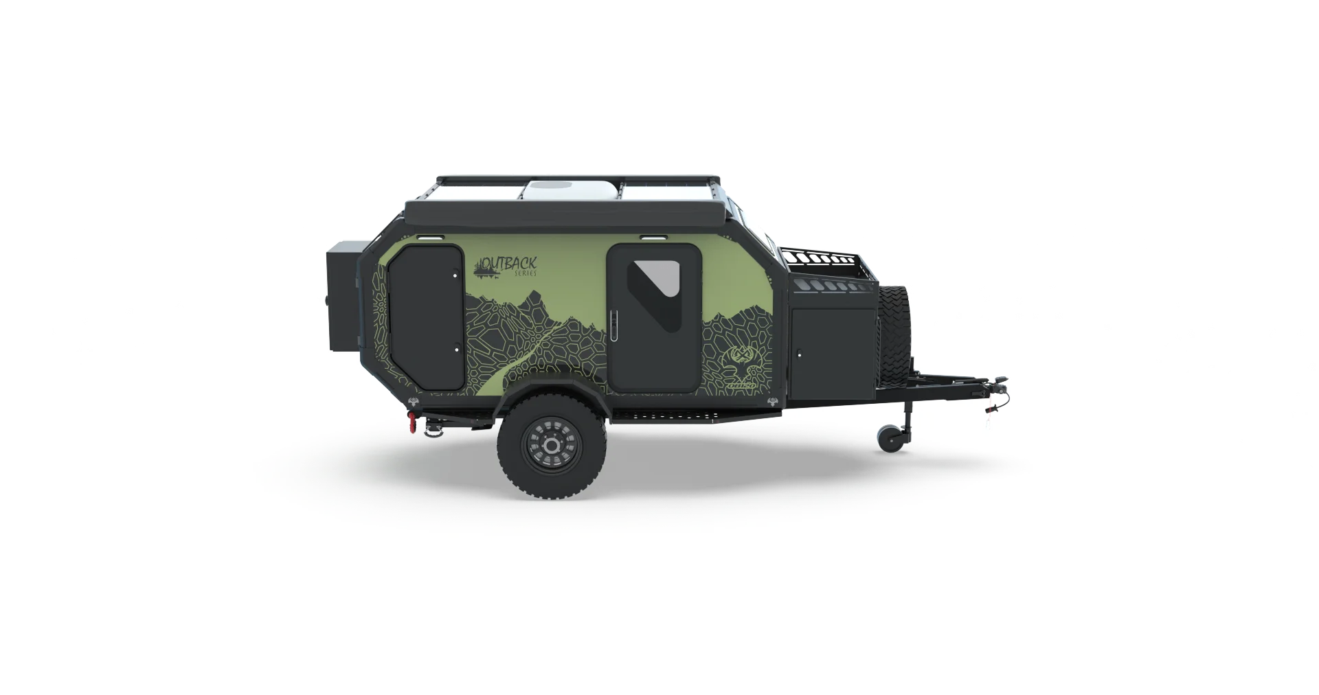 A green, Wisconsin made RV trailer with black accents features rugged tires, a roof rack, and mountain graphics along the side. This four-season off-road camper is shown on a plain white background, perfect for adventurers seeking reliable off-grid all-terrain RV trailers.