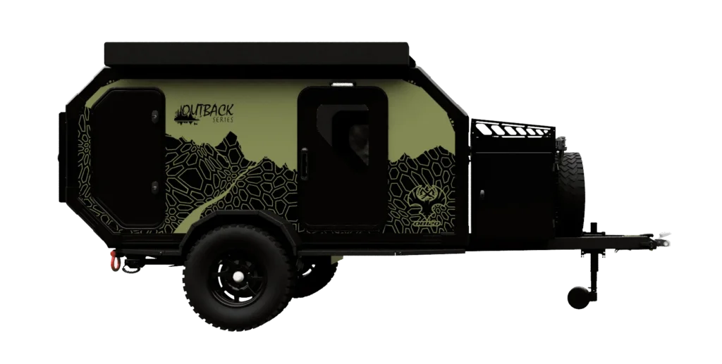 A compact, olive green and black off-road camping trailer with rugged tires, geometric patterns on the side, and a roof rack, labeled Outback Series.