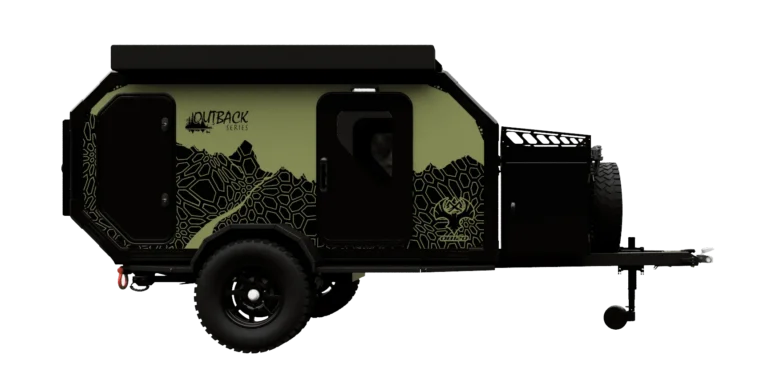 A compact, olive green and black off-road camping trailer with rugged tires, geometric patterns on the side, and a roof rack, labeled Outback Series.