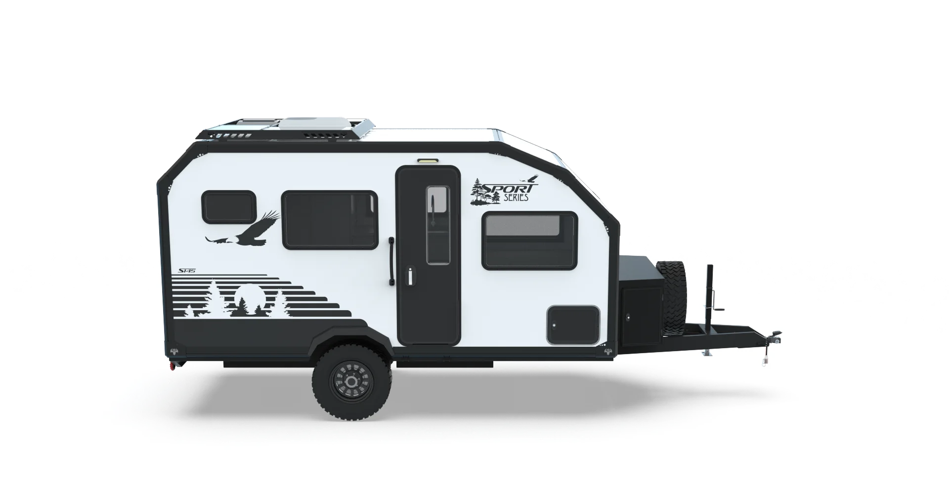 White travel trailer with black graphics of birds and trees, a single axle, roof vents, a side door and window, and a front hitch, set against a plain white background. This Wisconsin made RV trailer from Imperial Outdoors is designed for adventure in every season.