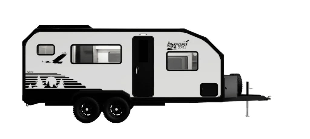 A white Xplore Series travel trailer with black trim, two axles, a central door, multiple windows, and outdoor-themed graphics including birds and trees on the side—perfect as an off-grid camper for your next adventure.