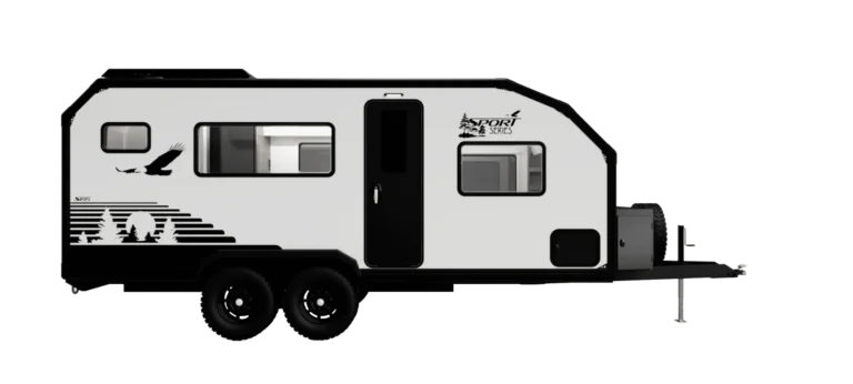 A white Xplore Series travel trailer with black trim, two axles, a central door, multiple windows, and outdoor-themed graphics including birds and trees on the side—perfect as an off-grid camper for your next adventure.