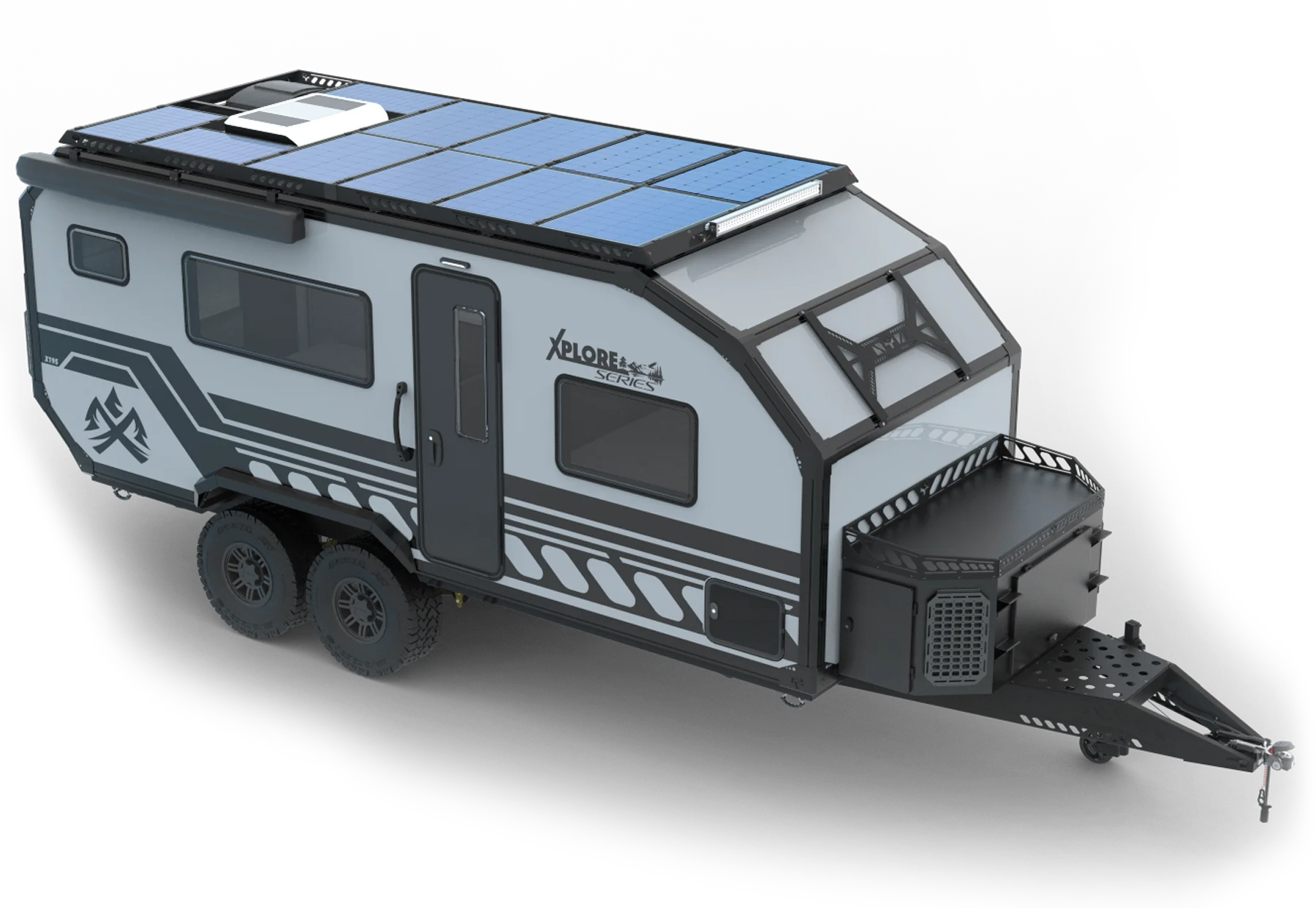 A modern tandem axle expedition trailer with solar panels on the roof, black accents, off-road tires, and a rugged exterior design, set against a white background. This full-size off-grid RV trailer is built for adventure and self-sufficiency.
