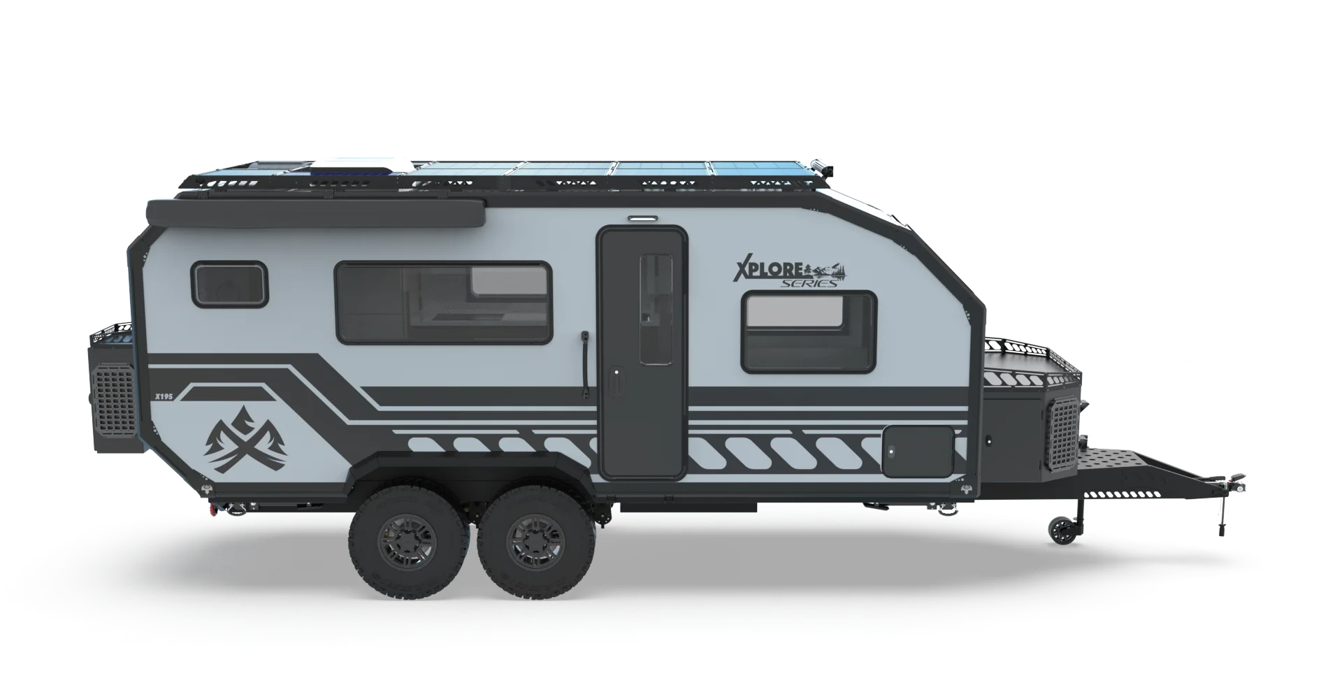 Side view of a modern, gray travel trailer with black accents, two wheels, several windows, and a door. The trailer features geometric designs and a small logo near the roof, with a hitch at the front—reflecting the rugged reliability of an all weather camping trailer from Imperial Outdoors trailers.